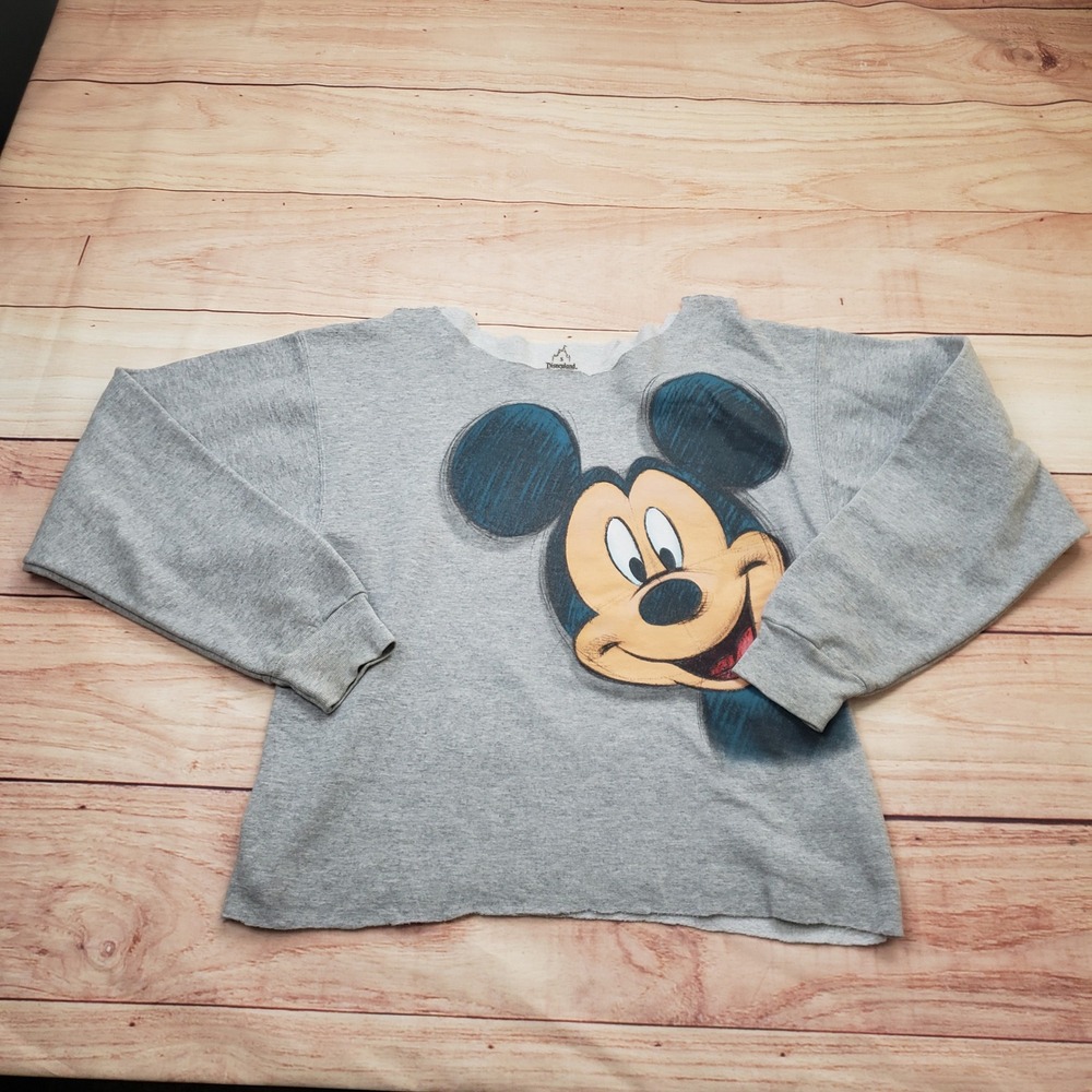 Disney Mickey Mouse Sweatshirt Womens Small Gray Raw Cut Cropped Vintage Style S